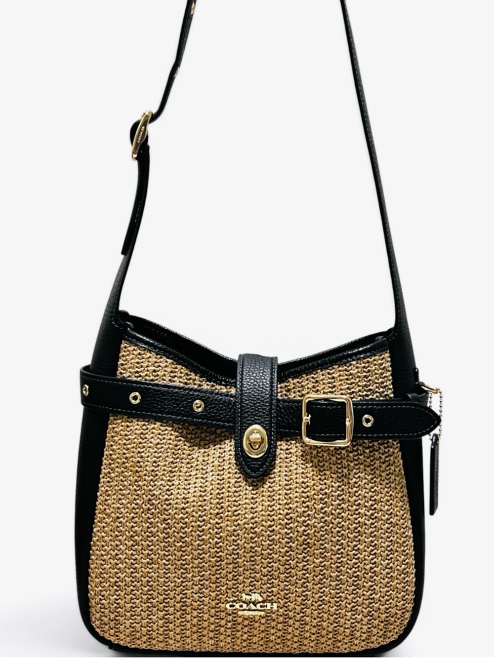 COACH Hadley Convertible Straw and Pebble Leather Crossbody/Shoulder Bag - Picture 11 of 15
